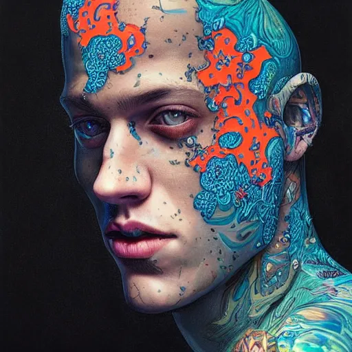 Prompt: portrait of pete davidson, hyper detailed masterpiece, neon floral pattern, jean giraud, digital art painting, darkwave goth aesthetic, psychedelic, artgerm, donato giancola and tom bagshaw