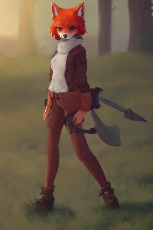 Image similar to furry anthro wolf fursona, a full body portrait of a the sellsword marissa bell, short red hair, fantasy, makoto shinkai, james gilleard, very detailed, matte, gaussian blur