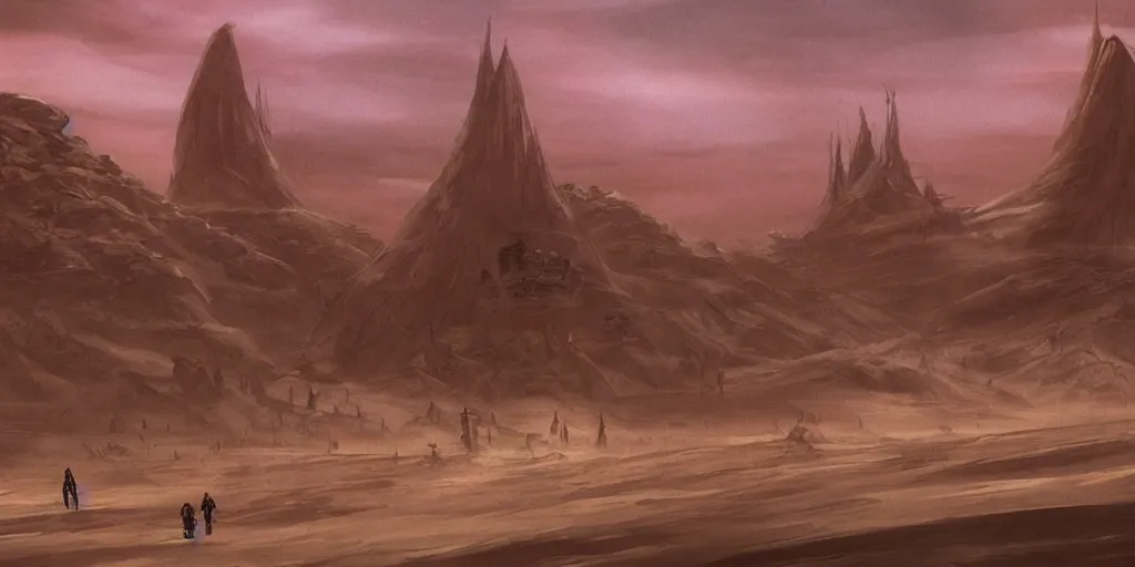 Prompt: temples of arrakis, arrakeen, temple of alia, from dune ( frank herbert novels ), composition idea concept art for movies, style of denis villeneuve and greg fraiser