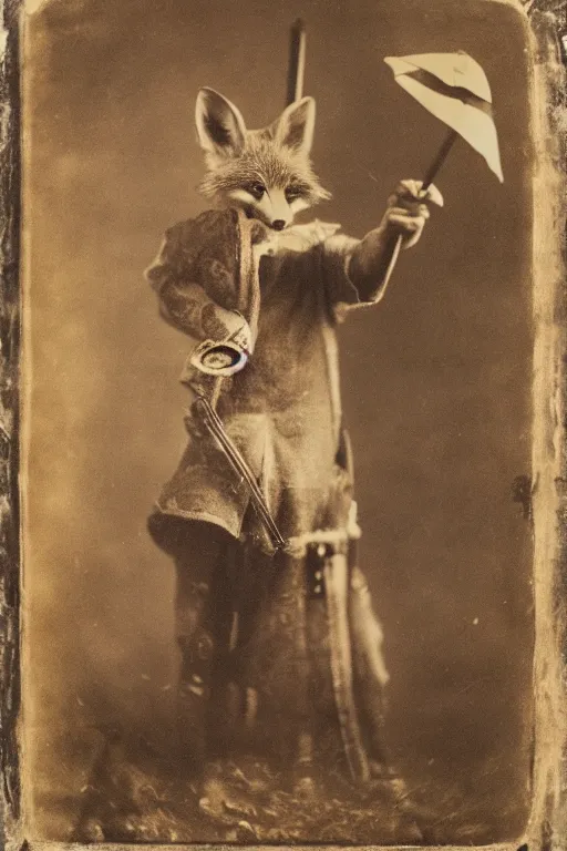 Image similar to a wet plate photo of an anthropomorphic fox dressed as robin hood