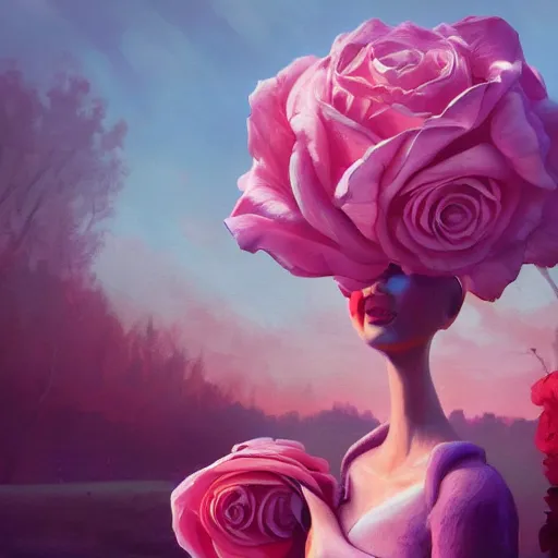 Image similar to closeup, huge rose flower face, frontal, girl with suit, surreal photography, sunrise, dramatic light, impressionist painting, digital painting, artstation, simon stalenhag