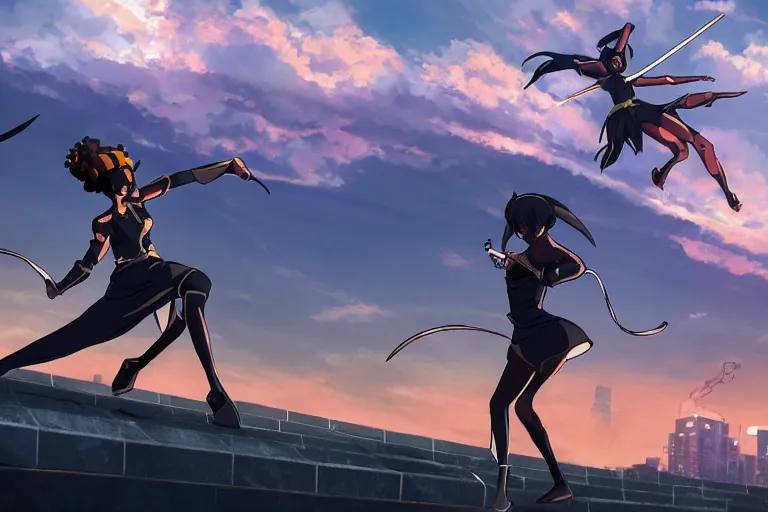 Image similar to a fierce young black female dressed as a ninja wearing a diamond is attacking an powerful goddess on a harlem rooftop, highly detailed, 4lighting, anime scenery by Makoto shinkai