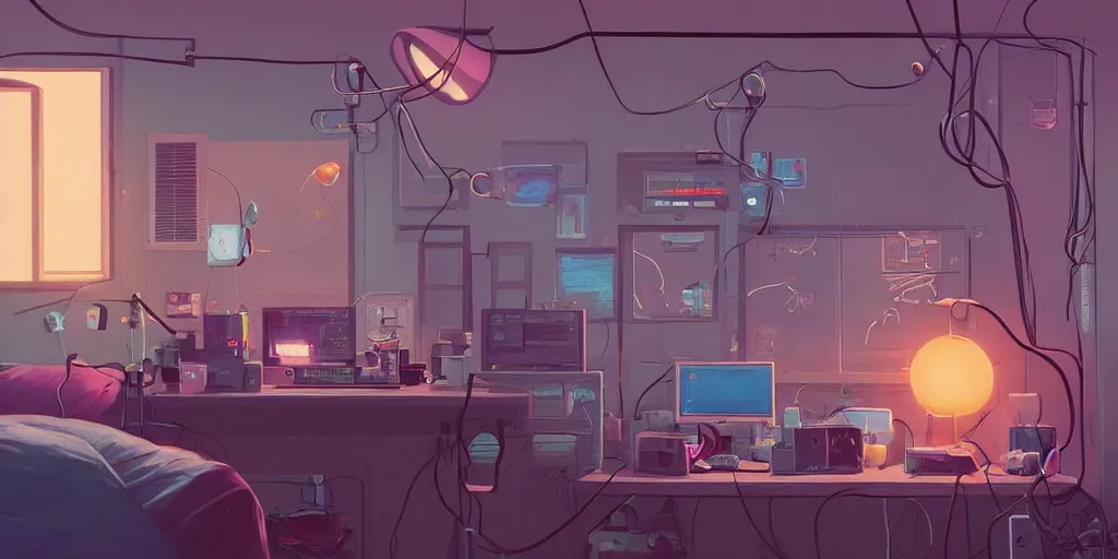 Image similar to cozy 9 0 s bedroom retrofuturism, cluttered, wires everywhere, computer, window, night - time, lit only by the luminescent computer screen, detailed by simon stalenhag