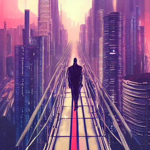 Image similar to a man standing on top of a bridge over a city, cyberpunk art by vincent lefevre, behance contest winner, altermodern, cityscape, synthwave, matte painting