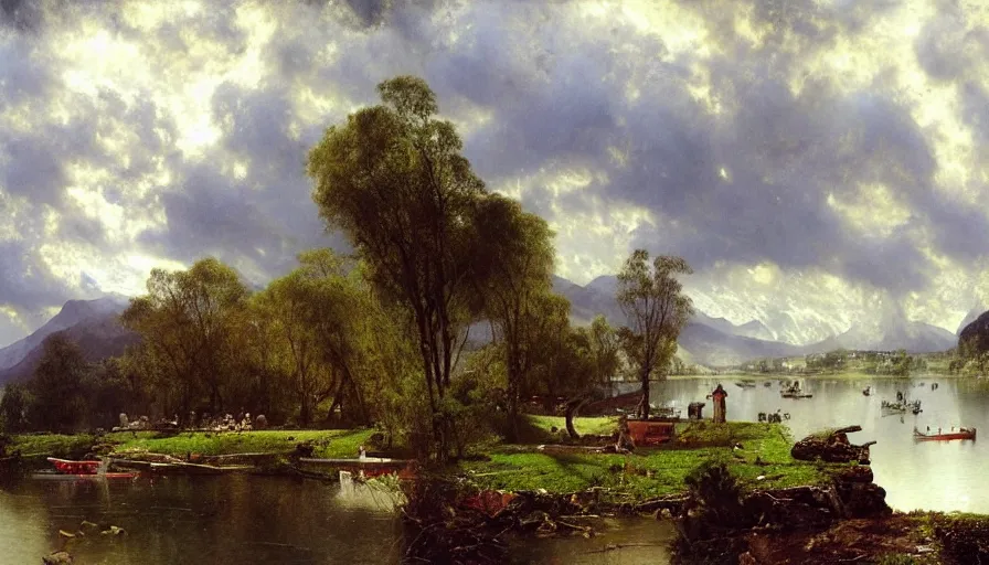 Image similar to a small village by a lake, waterfalls, boats on pebbly beach, rocky mountains topped by dark clouds, by john berkey, albert bierstadt, ruan jia, lawrence alma tadema, zdzislaw beksinski, carl spitzweg, everett raymond kinstler, norman rockwell, jack kirby, tom lovell, greg staples