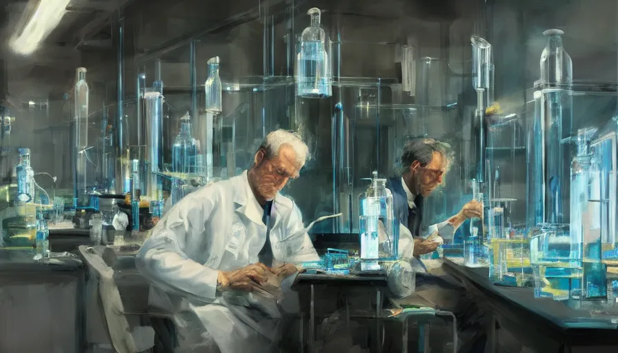 Image similar to concept art of scientist in laboratory, cinematic shot, oil painting by jama jurabaev, extremely detailed, brush hard, artstation, high quality, brush stroke