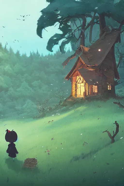 Image similar to a scary lonely witch's hut in the forest a lot of crows circling from above the view at the foot rule of thirds golden ratio, fake detail, trending pixiv fanbox, acrylic palette knife, style of makoto shinkai studio ghibli genshin impact james gilleard greg rutkowski chiho aoshima