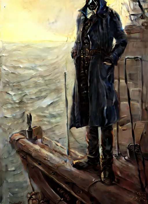 Image similar to portrait of a rugged man wearing a trenchcoat standing on the deck of a ship, victorian, concept art, detailed face, fantasy, highly detailed, cinematic lighting, digital art painting by greg rutkowski