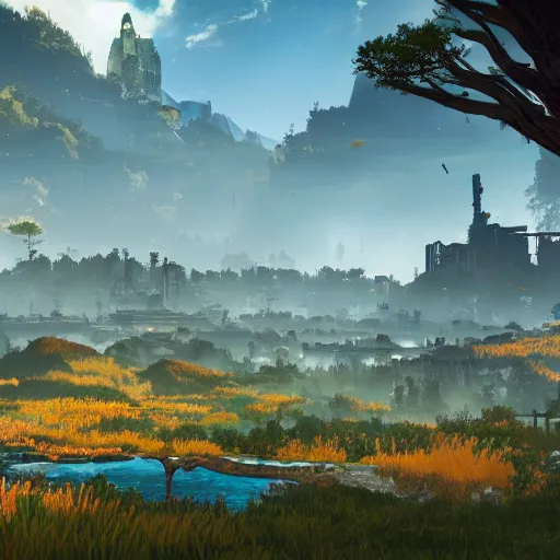 Prompt: A Landscape with a city in the style of horizon zero dawn