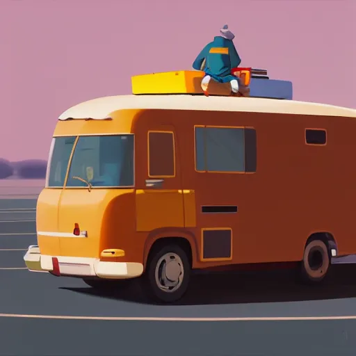 Prompt: goro fujita ilustration loaded with suitcases a motorhome at a gas station, painting by goro fujita, sharp focus, highly detailed, artstation