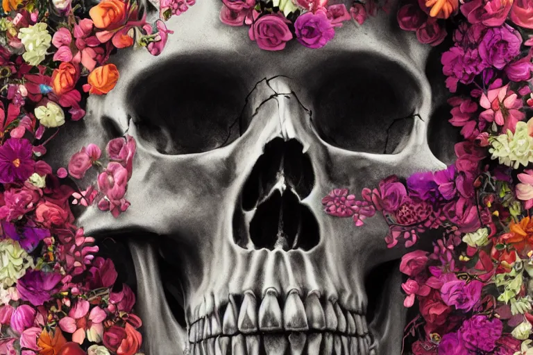 Image similar to human skull made of flowers with flowers in its eyes, artstation, illustration, hd, hq, high resolution, high detail, 4 k, 8 k