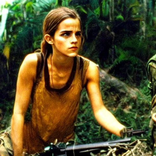 Image similar to film still, extreme far view, emma watson vietnam door gunner, film still from apocalypse now ( 1 9 7 9 ), 2 6 mm, kodak ektachrome, blue tint expired film,