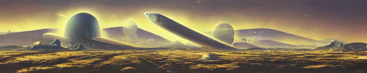 Prompt: retro sci-fi oil painting of an alien landscape with a busy spaceport