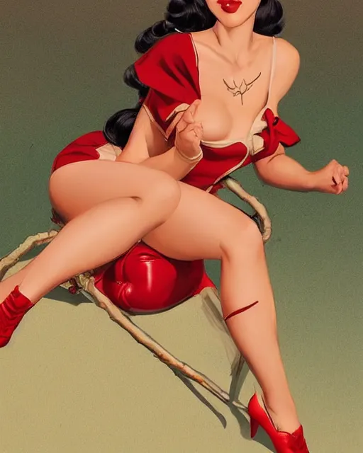 Prompt: in the style of artgerm and Andreas Rocha and Gil Elvgren and Joshua Middleton and Gil Elvgren, full body pin-up modeling of pretty asian young woman with braids, symmetrical face, red paint strip across eyes, natural lighting, warm colors, american postcard art style, pin-up postcard