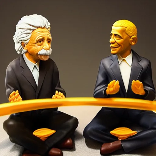 Image similar to Einstein and Obama doing meditation at McDonalds, ultra detailed, photorealistic, dramatic lighting