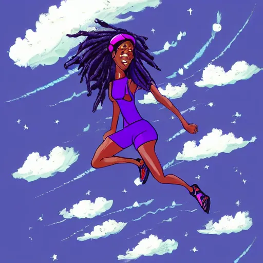 Image similar to black woman with purple dreads surfing in space in the style of ghibli