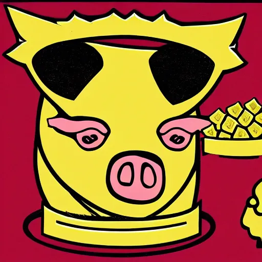 Image similar to pig in gold crown surrounded by pork rinds, pop-art