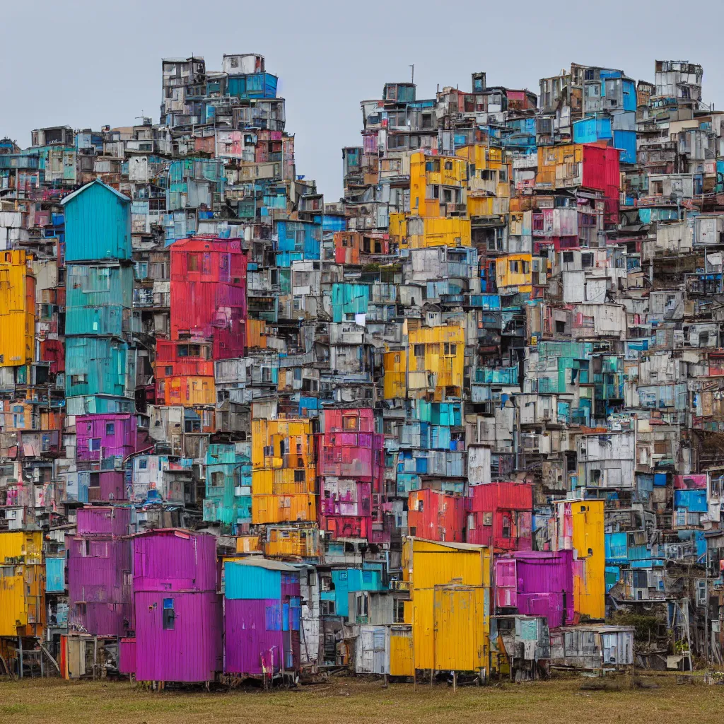 Image similar to three towers, made up of colourful makeshift squatter shacks, large vertical blank spaces, dystopia, sony a 7 r 3, f 1 1, fully frontal view, photographed by jeanette hagglund