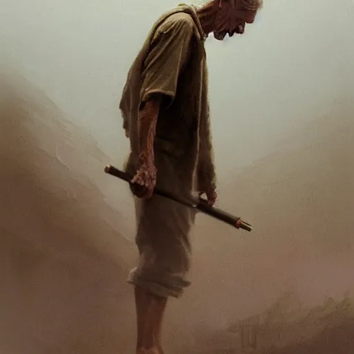 Image similar to a highly detailed epic cinematic concept art CG render digital painting artwork costume design: Henry Fonda as a 1950s tired disillusioned poet, barefoot, a cigarette in his mouth. volumetric lighting. By Greg Rutkowski, in the style of Francis Bacon and Syd Mead and Norman Rockwell and Beksinski, open ceiling, highly detailed, painted by Francis Bacon and Edward Hopper, painted by James Gilleard, surrealism, airbrush, Ilya Kuvshinov, WLOP, Stanley Artgerm, very coherent, triadic color scheme, realistic facial expression, art by Takato Yamamoto and James Jean
