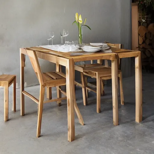Prompt: a dining set made from pure recycled materials