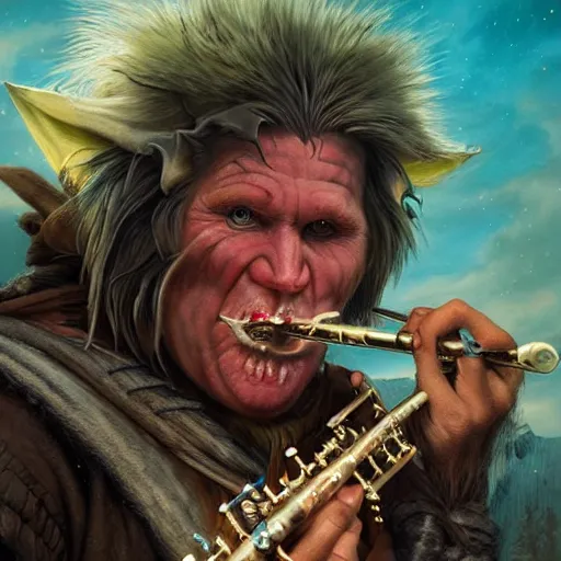 Prompt: detailed photo of a Half-orc bard portrayed by Gary Busey playing a flute, 8k,by Tristan Eaton, Stanley Artgermm, Tom Bagshaw, Greg Rutkowski, Carne Griffiths, trending on DeviantArt, face enhance, hyper detailed ,full of color, dramatic lightning, epic stance