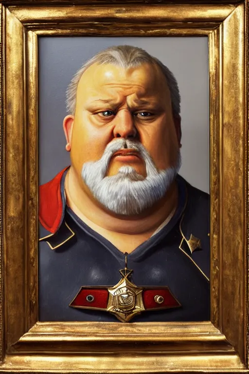 Image similar to high elf mall cop with a sheriff's badge that is fat, shifty, and incompetent, portrait from the chest up, Oil Painting, hyper realistic, dutch golden age, 3/4 bust