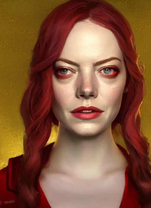 Image similar to portrait of emma stone as the scarlet witch, hyper detailed, digital art, cinematic lighting, studio quality, smooth render, unreal engine 5, octane rendered, art style by klimt and nixeu and ian sprigger and krenz cushart.