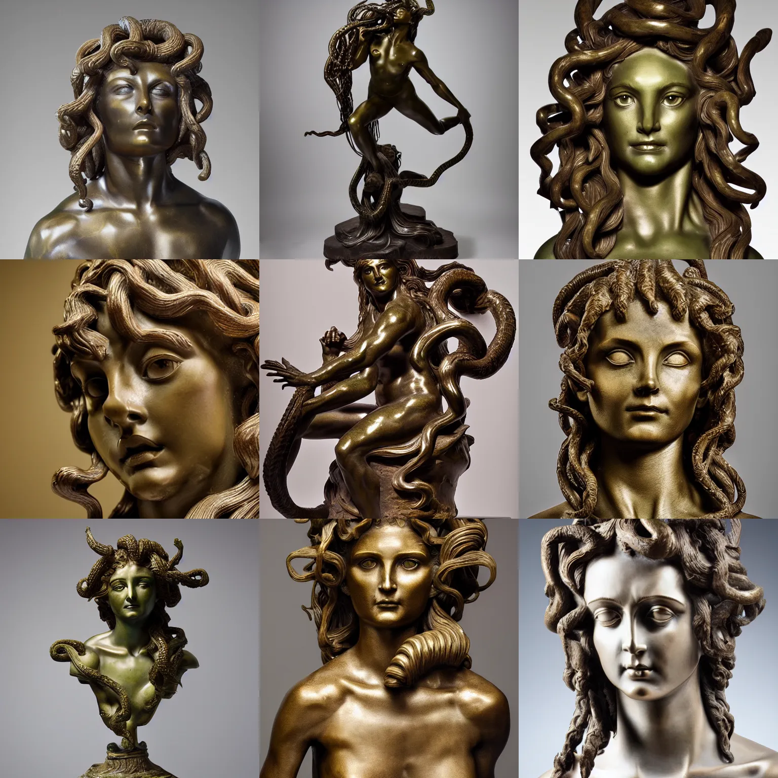 Prompt: bronze sculpture of medusa, in the style of michelangelo, very long hair, professional photography, imposing