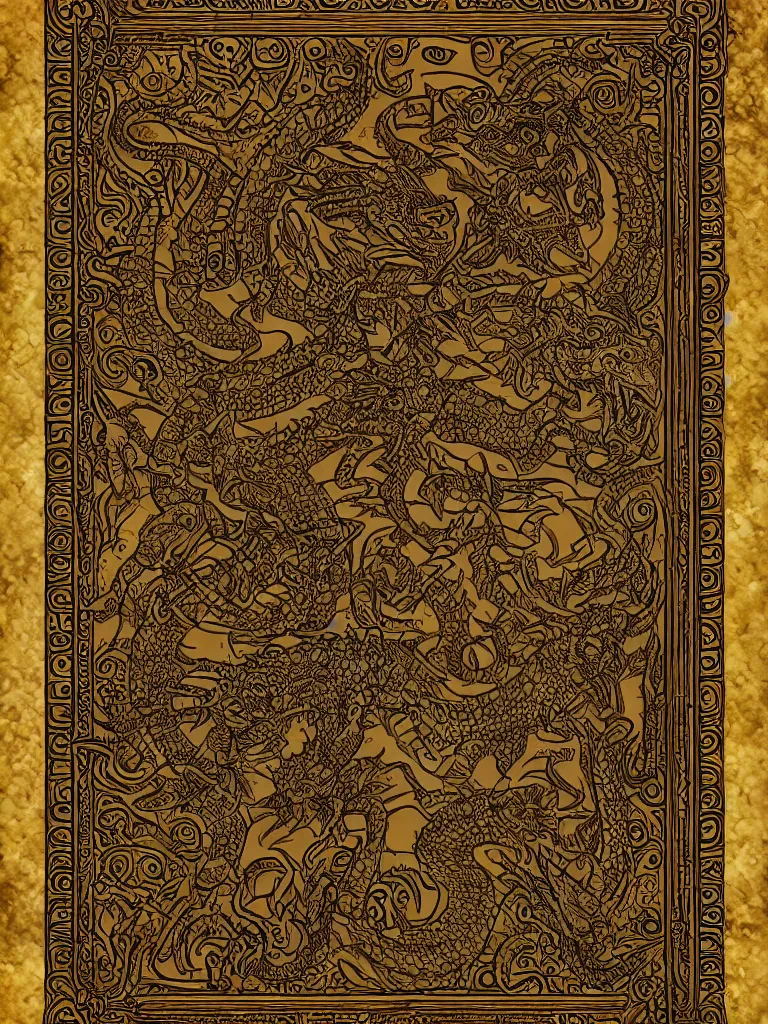 Image similar to mayan book decorative border frame, crocodile illuminations, d & d, fantasy, intricate, elegant, highly detailed, digital painting, artstation, illustration, hearthstone