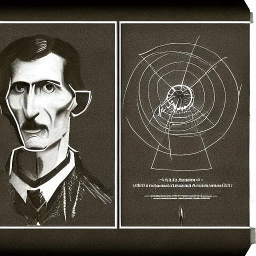 Image similar to lost nikola tesla sketches, diagrams, drawing