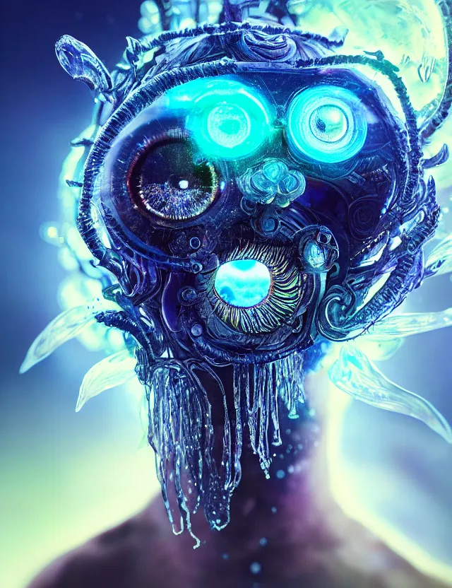 Image similar to eye of god macro close - up portrait with mask made of ram skull. betta fish, jellyfish phoenix, bioluminiscent, plasma, ice, water, wind, creature, super intricate ornaments artwork by tooth wu and wlop and beeple and greg rutkowski