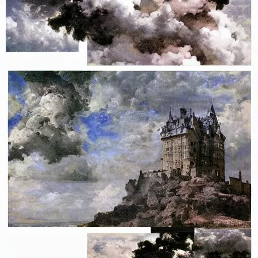 Prompt: A beautiful collage of a castle in the clouds. by Alexandre Cabanel, by Maggi Hambling energetic