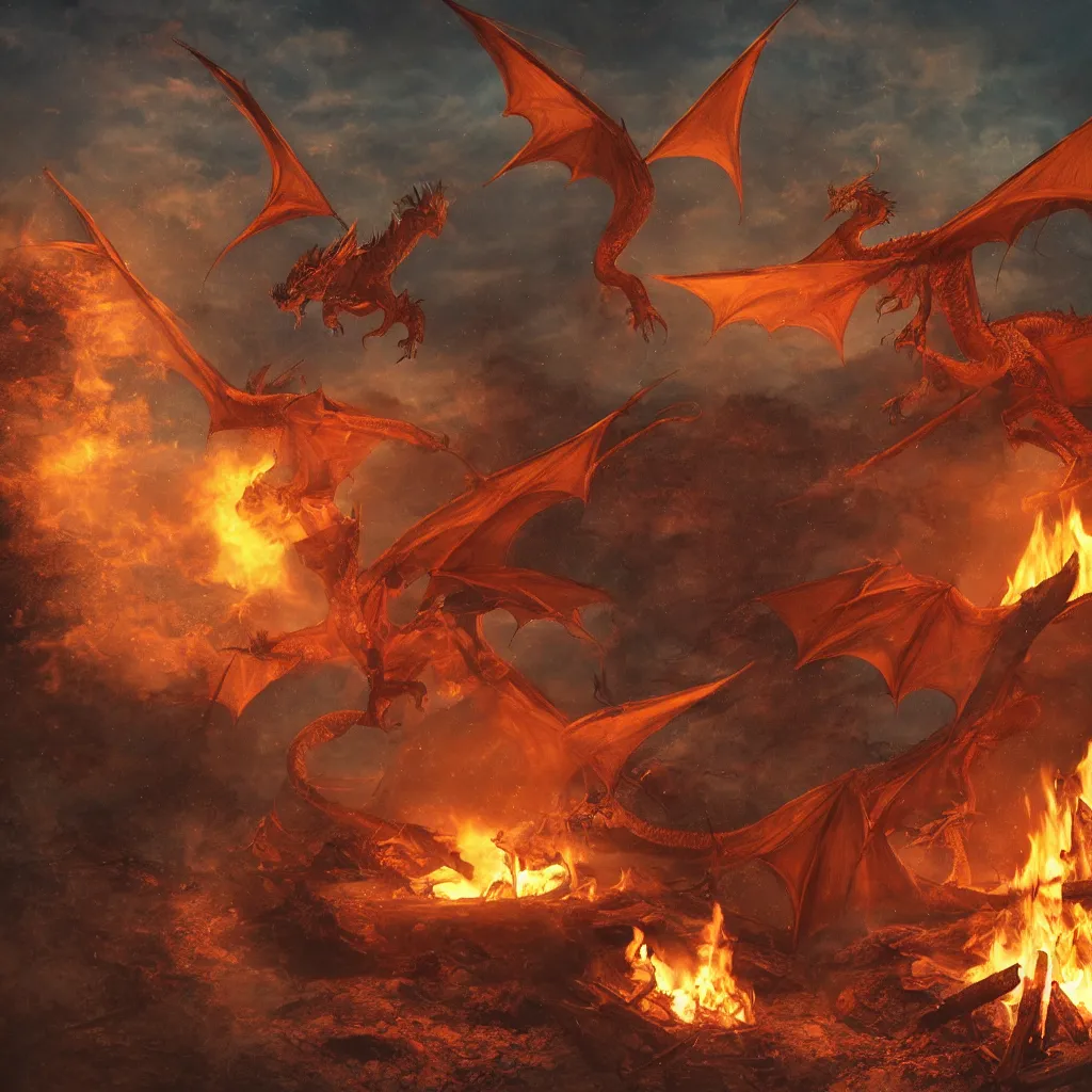 Prompt: a campfire, a dragon flying at background, dragon\'s eyes shining red/yellow seen by far at sky, people talking with each other, sun setting, and sea waves is slow