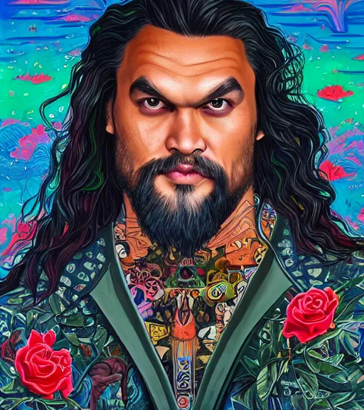 Prompt: Jason Momoa on a tricycle, lowbrow painting by Jeremiah Ketner and Hiroyuki Mitsume-Takahashi and Goro Fujita and Mark Ryden