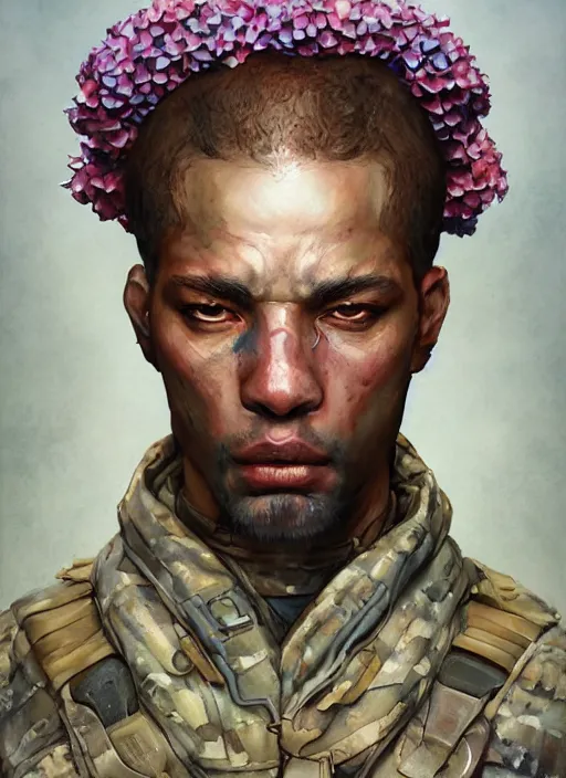 Image similar to handmade character portrait of an american soldier covered in amaratyllis, hydrangea, chrysanthemum and hyacinth, in the style of artgerm and enki bilal and bastien lecouffe - deharme, wlop, line art, watercolor, cinematic lighting, hyperdetailed, hyperrealistic