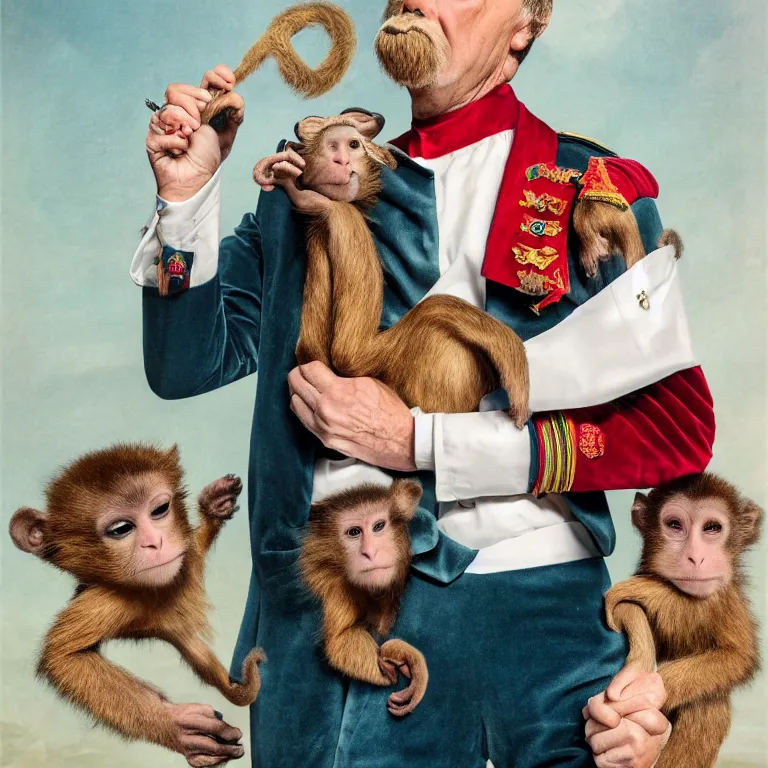 Image similar to high fashion photoshoot octane render portrait by wayne barlow and carlo crivelli and glenn fabry, a distinguished sea captain wearing a colorful eccentric velvet pastel vintage uniform and holding a small monkey while standing on a beautiful high - end white and wood yacht, very short depth of field, bokeh