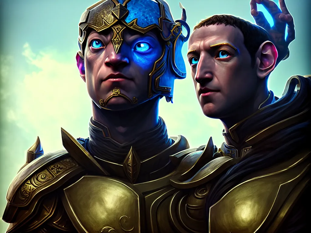 Prompt: front centered symmetrical RPG avatar portrait, Mark Zuckerberg as paladin, ornate armour, dramatic lighting, cinematic, establishing shot, high detail, cinematic lighting, post processed, 8k, concept art, artstation, matte painting, in the style of eddie mendoza, raphael lacoste, alex ross