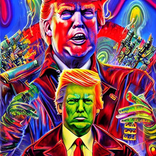 Prompt: a portrait of donald trump an apocalyptic orcish biker character standing in a dynamic pose, psychedelic vibrant colors, punk rock fashion, oil painting by michael whelan art, sharp focus, detailed eyes, realistic, studded leather jacket, 8 k