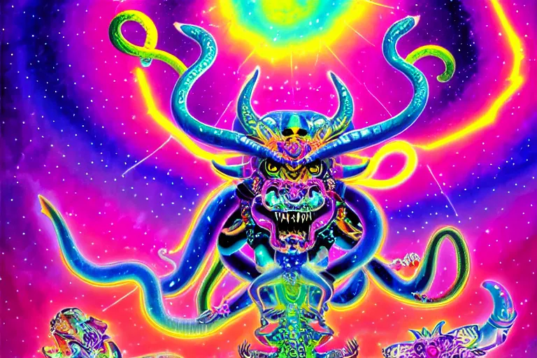 Prompt: lisa frank illustration of rebulon the ancient demon, painted by lisa frank, masterpiece concept art, 8 k, intricate detail, cinematic lighting, epic pose, bright colors