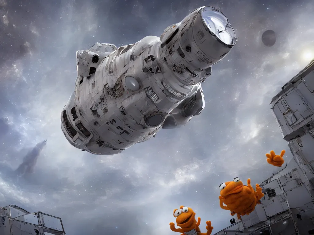 Image similar to photo of 8k ultra realistic spacecraft starship, spacex, clear sky, Big budget horror movie set in an undersea biolab, staring Garfield the Cat and the muppets, full of colour, cinematic lighting, battered, trending on artstation, 4k, hyperrealistic, focused, extreme details, unreal engine 5, cinematic, masterpiece, art by John Harris