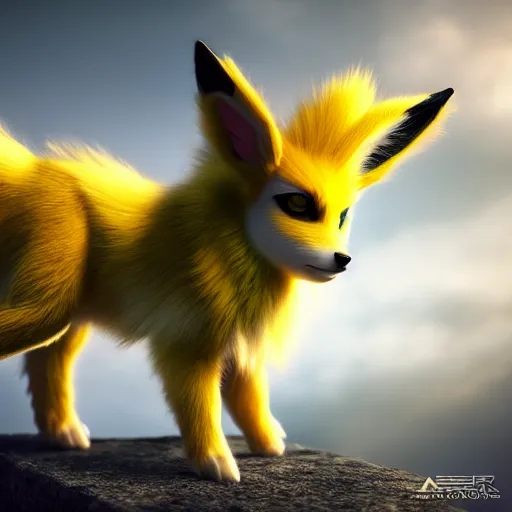 Image similar to photography of a realistic jolteon animal, ultra detailed, 8 k, cinematic lighting, natural background, trending on artstation, pokemon