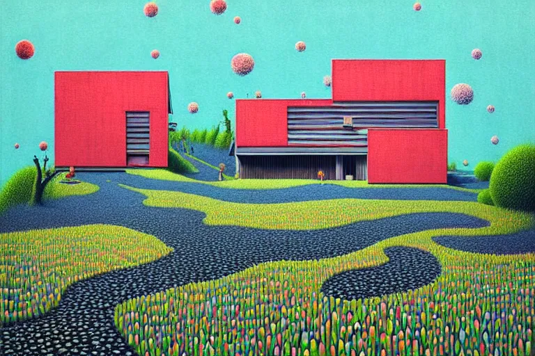 Image similar to surreal glimpse into other universe, house by kengo kuma, summer morning, very coherent and colorful high contrast, art by!!!! gediminas pranckevicius!!!!, geof darrow, floralpunk screen printing woodblock, dark shadows, hard lighting, stipple brush technique,