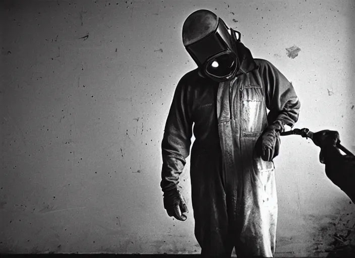 Prompt: welder in welding mask in an abandoned asylum, by richard avedon, tri - x pan stock