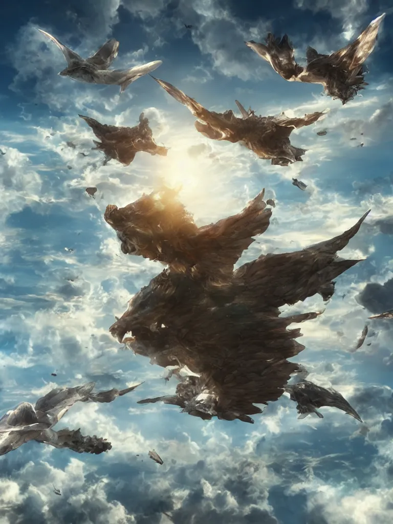 Prompt: chimeras flying in the new dawn for humanity, cgi anime, 3d art, digital art