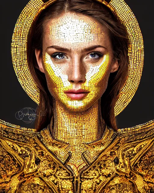 Image similar to mosaic portrait of woman in shining golden armor, high production value, intricate details, high resolution, hdr, high definition, masterpiece, realistic, ultrarealistic, highly detailed, hd, sharp focus, non blurry, sharp, smooth