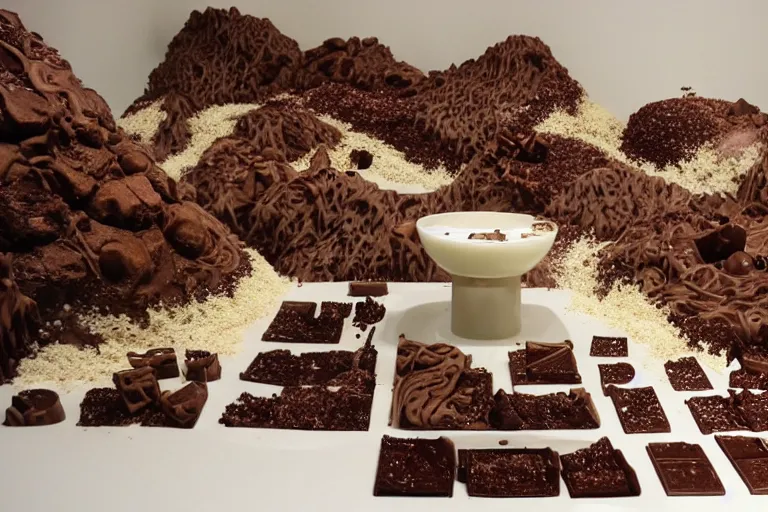Prompt: A landscape of a world made entirely out of chocolate, complete with chocolate fondue waterfalls