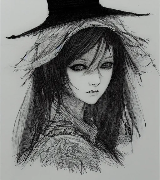 Image similar to portrait of fumo doll wearing witch hat, pen and ink, intricate line drawings, by craig mullins, ruan jia, kentaro miura, greg rutkowski, loundraw