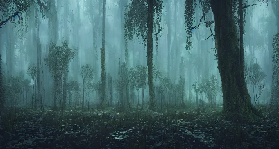 Image similar to A dense and dark enchanted forest with a swamp, by Beeple