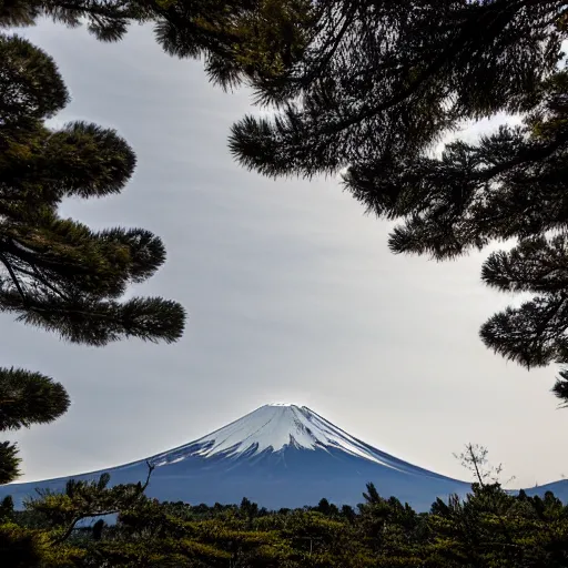 Prompt: a photo of mt fuji taken from the bottom of the mountain, wide angle lens, cinematic,