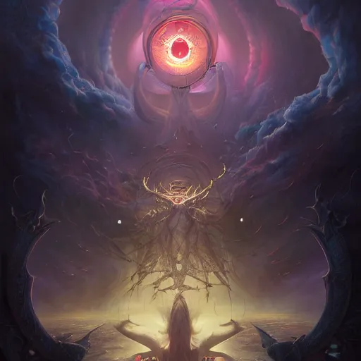 Prompt: ultradetailed satanic stargate opening synthwave portal to insanity dimension by peter mohrbacher and emmanuel shiu and martin johnson heade and bastien lecouffe - deharme
